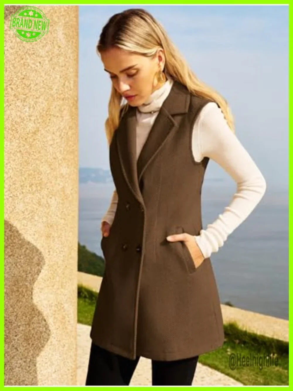 Women's Tweed Long Vest Sleeveless Herringbone Double Breasted Blazer Jacket